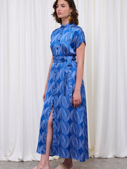 Summer Maxi Shirt Dress Satin Blue