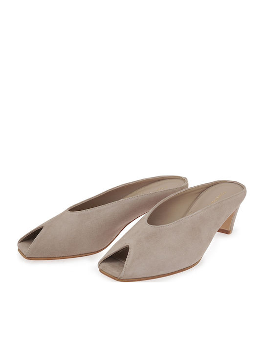 Suede Mules With Low Heel In Beige Colour