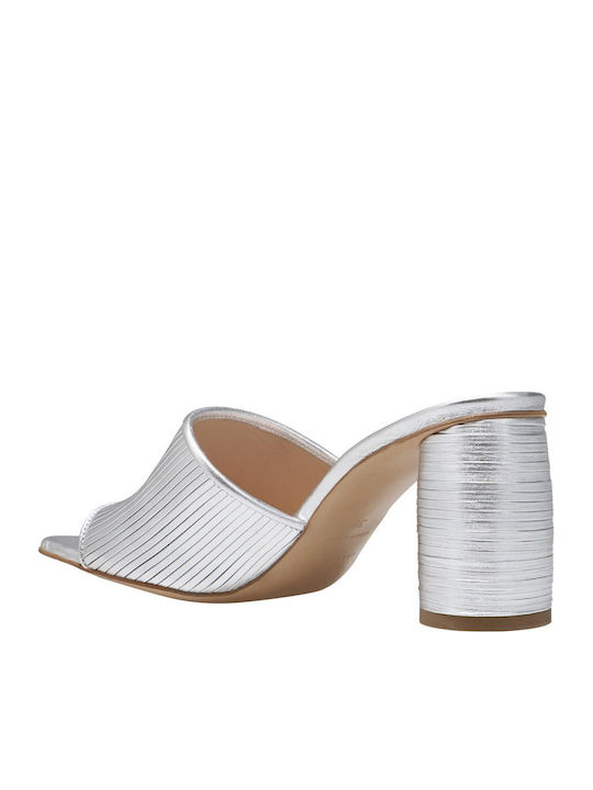 Leather Mules With Chunky High Heel In Silver Colour VENETIA