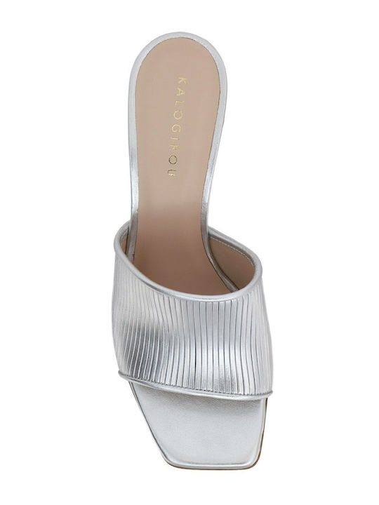 Leather Mules With Chunky High Heel In Silver Colour VENETIA