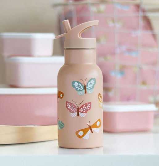 A Little Lovely Company Butterflies Stainless Steel Kids Water Bottle Set Thermos with Straw Pink 350ml
