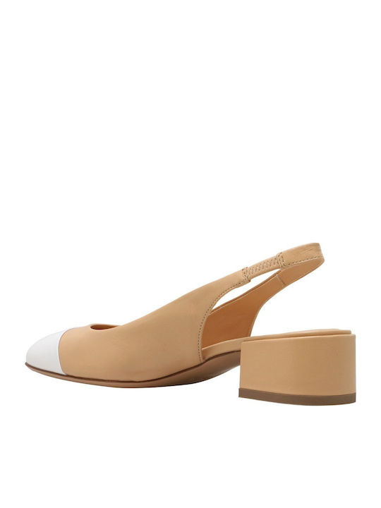 Leather Heels with Chunky Low Heel Beige