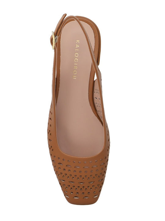 Leather Heels with Low Heel Tabac Brown