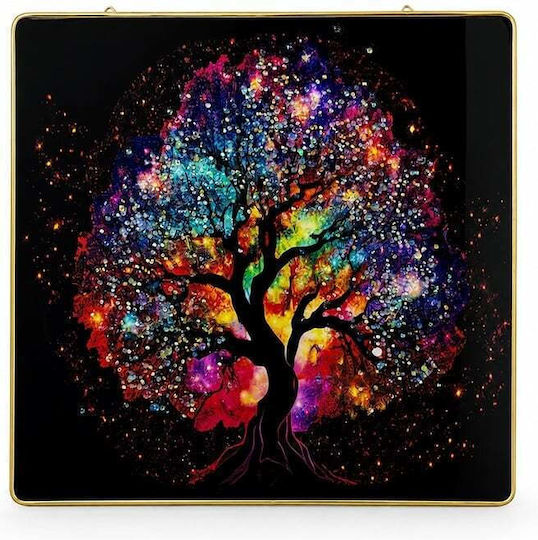 Modern Dekoratives Gemälde Baum Leben Mehrfarbig 3D Geprägte Kristalle Goldener Rahmen 40x40 cm