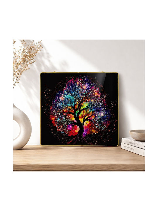 Pictură Decorativă Modernă Copacul Vieții Multicolor 3D Cu Cristale Embosate Cadru Auriu 40x40 Cm