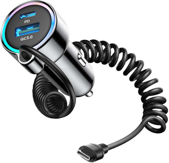 Joyroom JR-CL07 Car Charger 72W 3A Fast Charging with Ports 1xUSB-A 1xType-C with Type-C Cable Black Colour
