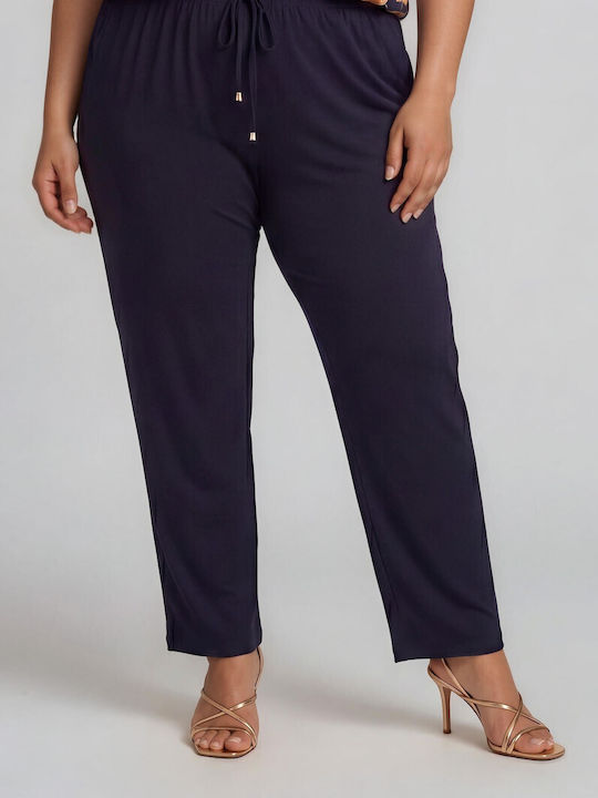 Women's Fabric Trousers with Rubber Band in Straight Leg Style Dark Blue