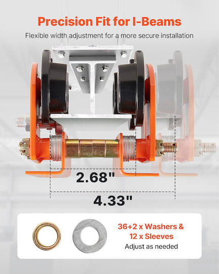 Troler Manual de Ridicare Electrică Vevor Capacitate de Încărcare 0,5 Tone Pa200 Pa250 Pa300 Pa400 Pa500 Troler pentru Grindă cu Roți Duble Lățime Reglabilă a Flanșei Grinzii 68-110 Mm Grindă Dreaptă Curbată I
