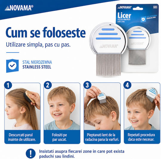 Novama Licer Pieptene pentru îndepărtarea păduchilor și lindinilor Oțel inoxidabil Dinți lungi 50 X 50 Mm