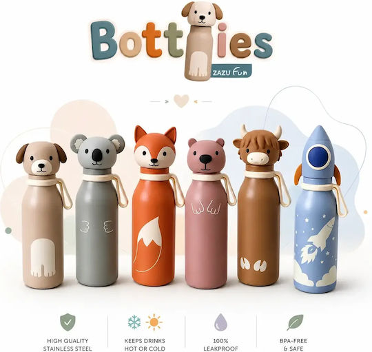 Kids Water Bottle Thermos Fox 400ml Bottlies By Zazu Fun Stainless Steel 304