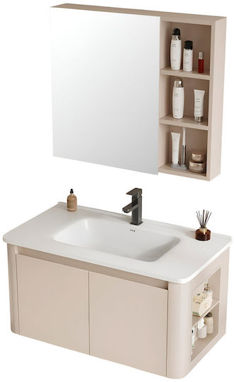 Polihome Gilmore Badezimmer Waschtisch-Einheit mit Waschbecken & Spiegel Beiges