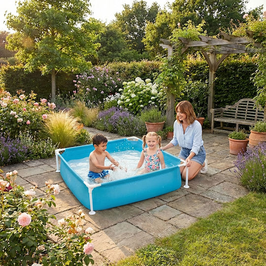 Piscină pentru copii pătrată PVC 365 l cu cadru metalic 122x122x30.5 cm albastră