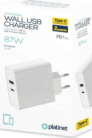 Platinet Charger Without Cable with USB-A Port and USB-C Port 87W Power Delivery Whites (PLCUPD87W)