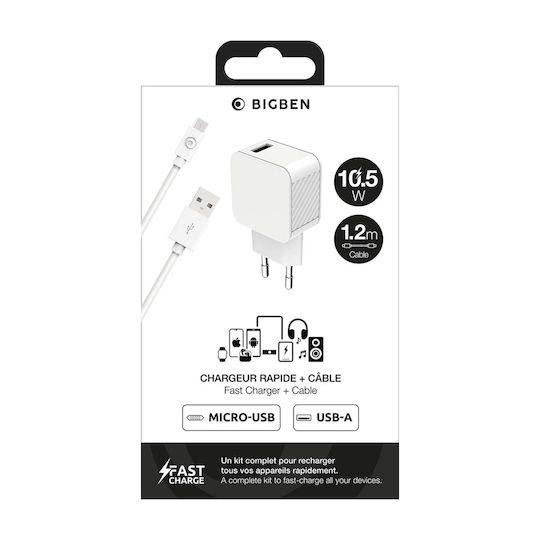 BigBen Connected Incarcător Cu Port USB-A Și Cablu Micro USB 12W Alb
