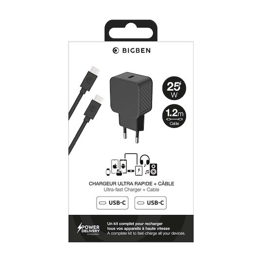 BigBen Connected Зарядно Устройство с USB-C Порт и Кабел USB-C - USB-C 25W Power Delivery Черно