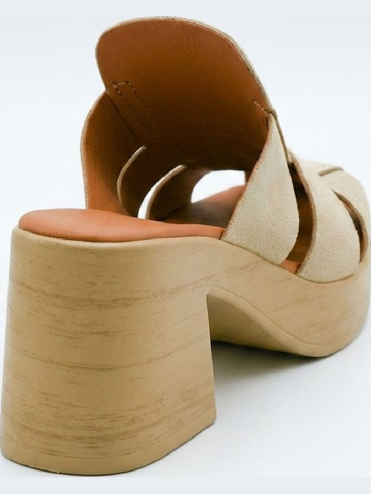Suede Mules With High Heel In Beige Colour 26703-Beige