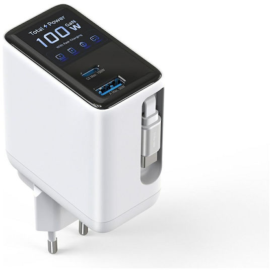 4Smarts GaN Charger with USB-A Port and USB-C Port and USB-C Cable 100W Power Delivery White (Flex Screen AI)