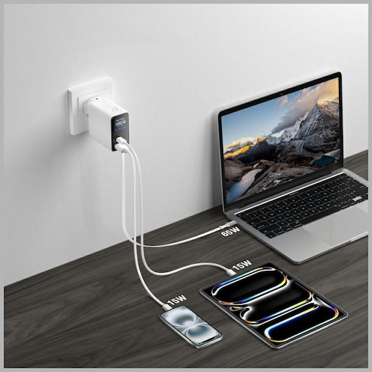 4Smarts GaN Charger with USB-A Port and USB-C Port and USB-C Cable 100W Power Delivery White (Flex Screen AI)