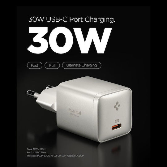 Spigen Φορτιστής Χωρίς Καλώδιο GaN με Θύρα USB-C 30W Power Delivery / Quick Charge 3.0 / Quick Charge 2.0 Μπεζ (Essential)