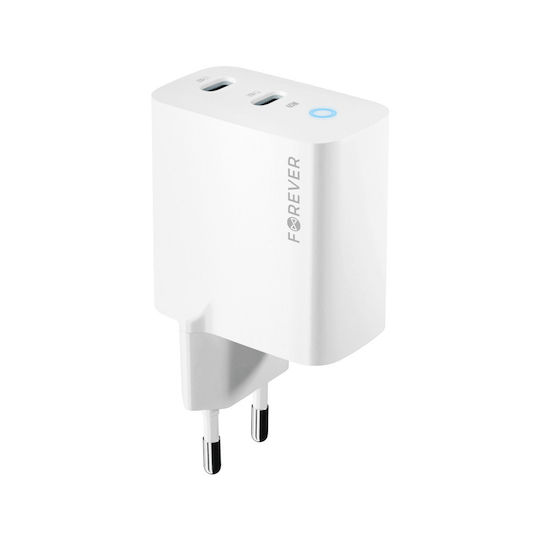 Forever Φορτιστής Χωρίς Καλώδιο GaN με 2 Θύρες USB-C 65W Power Delivery Λευκός (TC-06-65CC)
