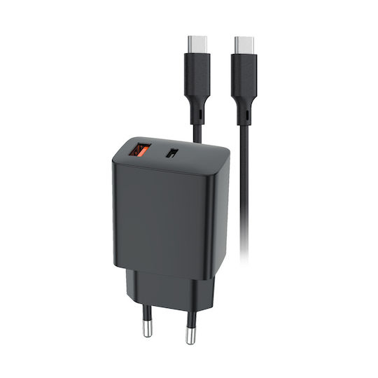 Setty Φορτιστής με Θύρα USB-A και Θύρα USB-C και Καλώδιο USB-C 30W Power Delivery Μαύρος (RLSK-AC-01)