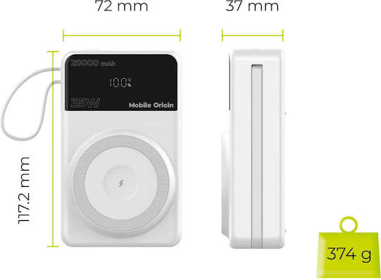 Mobile Origin PB15 MagSafe Power Bank 20000mAh 35W με Θύρα USB-C Power Delivery Λευκό