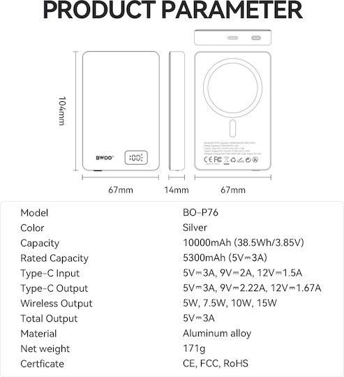 BWOO P76 Power Bank 10000mAh 20W με Θύρα USB-C Power Delivery Μαύρο