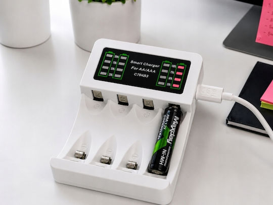 Verk Group Maxday USB Φορτιστής 4 Μπαταριών Ni-Cd/Ni-MH Μεγέθους AA/AAA Σετ με 4 AA 4800mAh σε Λευκό χρώμα