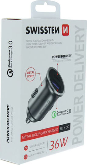 Swissten Car Charger 36W 3A Fast Charging with Ports: 1xUSB 1xType-C Silver Color