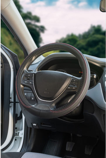 Cartech Car Steering Wheel Cover with Diameter 38cm Leather Black with Black Stitching