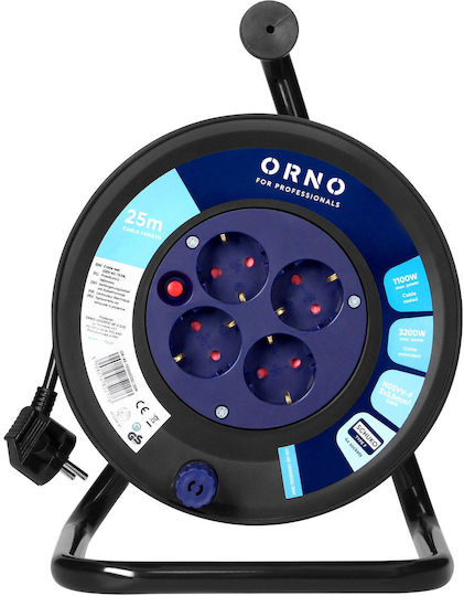 Orno Extension Cord Reel 4 Sockets with 25m Cable 3 x 1.5mm² Cross Section and Grounding