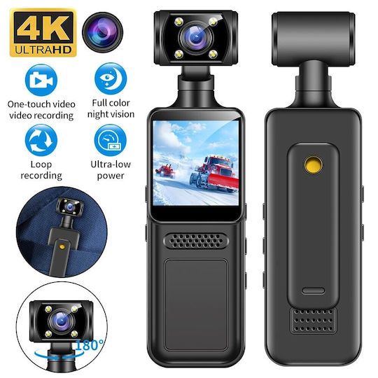 Cameră Video 4K Ultra HD Likesmart Bodycam Flash LED Ecran 1.3" Unghi de Filmare 140° Rotație 180° WiFi Baterie 1500mAh USB Type-C