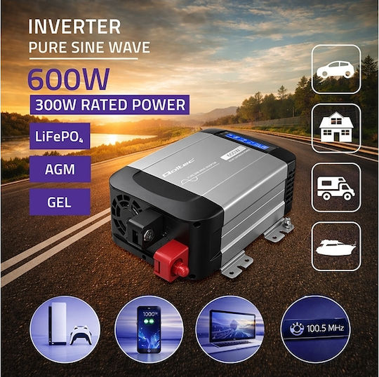 Qoltec Power Inverter Pure Sine Wave 12v 230v 300/600w Lcd Usb Usb‑c Compatible With Lifepo4 Gel Agm