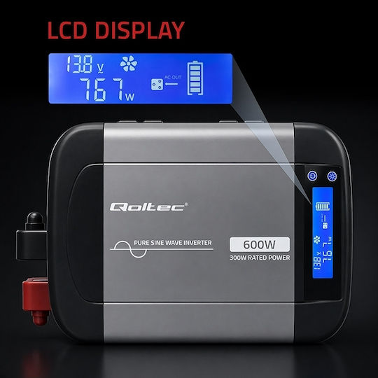 Qoltec Power Inverter Pure Sine Wave 12v 230v 300/600w Lcd Usb Usb‑c Compatible With Lifepo4 Gel Agm