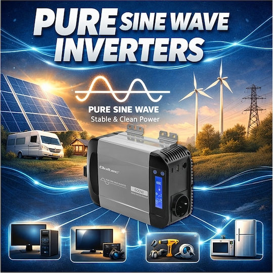 Qoltec Power Inverter Pure Sine Wave 12v 230v 300/600w Lcd Usb Usb‑c Compatible With Lifepo4 Gel Agm