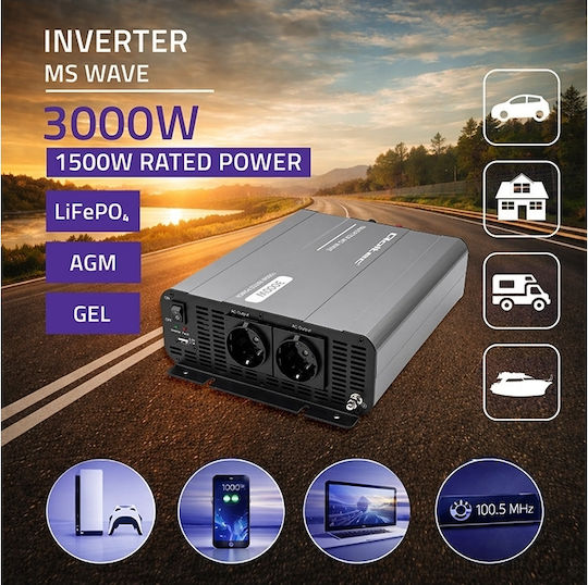 Qoltec Μετατροπέας Τάσης Ms Wave 12v 230v 1500/3000w Usb Συμβατός Lifepo4 Gel Agm