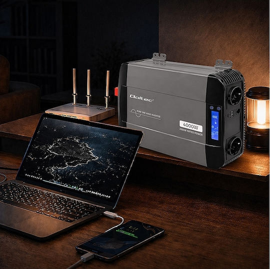 Qoltec Μετατροπέας Τάσης Pure Sine Wave 12v 230v 2000/4000w Lcd Usb Usb-c Συμβατός Lifepo4 Gel Agm