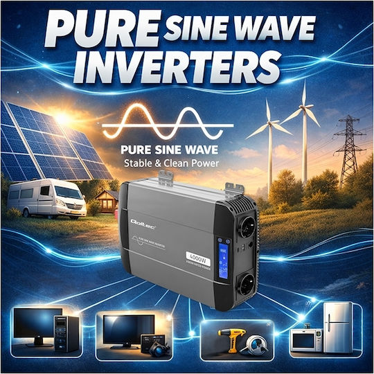 Qoltec Μετατροπέας Τάσης Pure Sine Wave 12v 230v 2000/4000w Lcd Usb Usb-c Συμβατός Lifepo4 Gel Agm