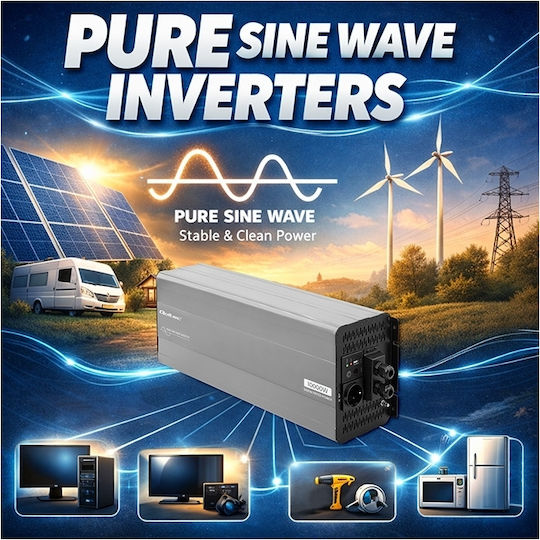 Qoltec Μετατροπέας Τάσης Pure Sine Wave 12v 230v 3000w 6000w Lcd Usb Usb-c Συμβατός Lifepo4 Agm Gel