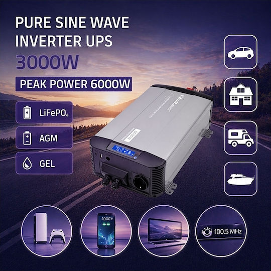 Qoltec Inverter Αυτοκινήτου Καθαρού Ημιτόνου 1000W για Μετατροπή 12V DC σε 230V AC