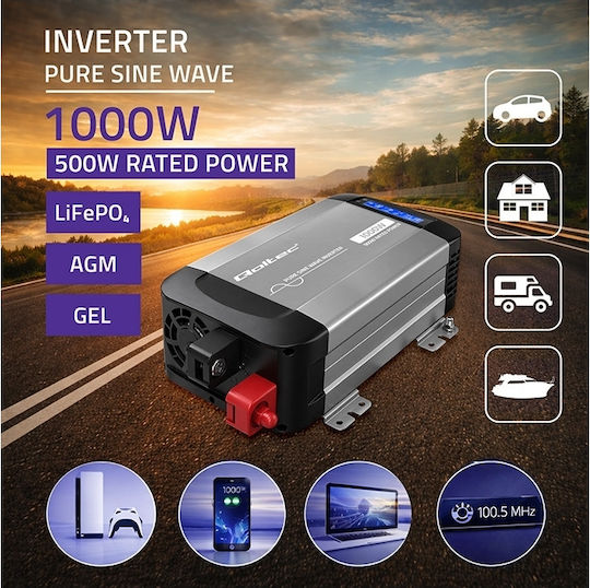 Qoltec Μετατροπέας Τάσης Pure Sine Wave 12v 230v 500/1000w Lcd Usb Usb‑c Συμβατός Lifepo4 Gel Agm