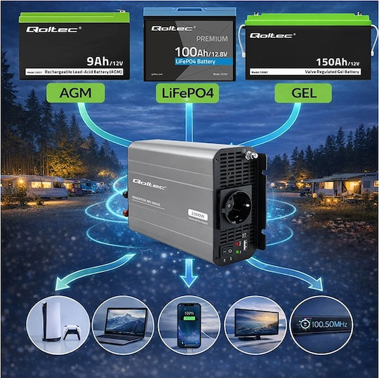 Qoltec Μετατροπέας Τάσης Ms Wave 12v 230v 1000w/2000w Usb Συμβατός Lifepo4 Gel Agm
