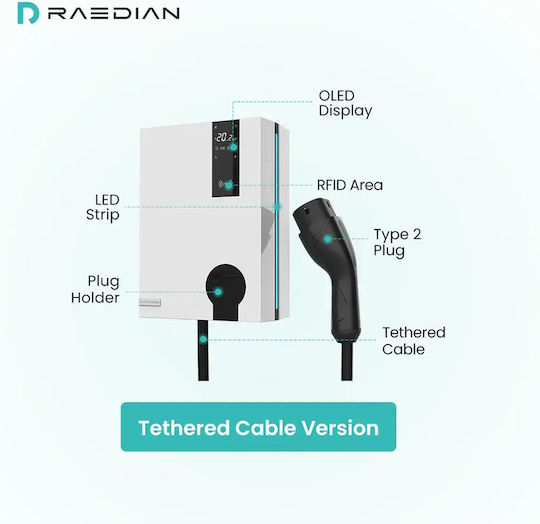 Raedian Wall Mounted Three-Phase Charging Station 22kW with Built-in Type 2 Cable