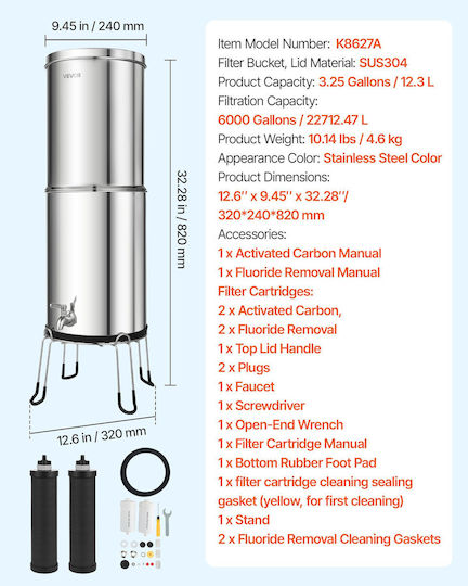 Vevor Gravity Feed Water Filter System 12.3l 304 Stainless Steel Countertop Water Filtration System Reduces Lead Up To 99% Chlorine 2 Carbon Filters 2 Defluorination Filters Spout Base