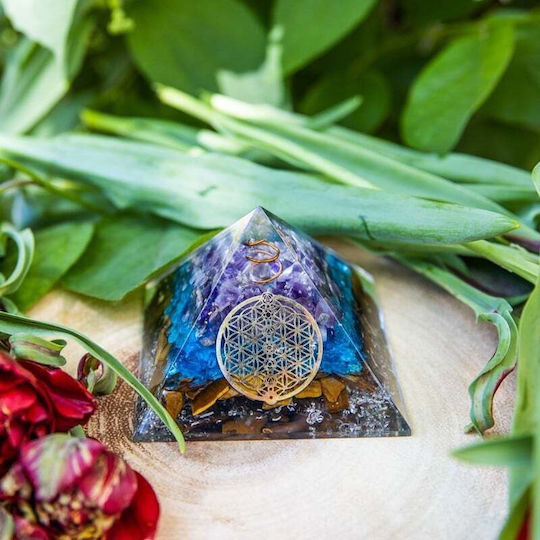 Oseye Orgone Pyramid Made Semi-precious Stones Tiger's Eye Aquamarine Crystals Amethyst Flower Life Symbol