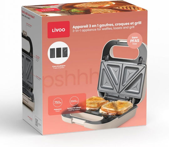 Livoo Sandwich Maker with Non-Stick Removable Plates for 2 Toasts 750W