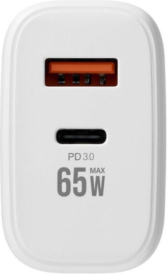 Veger Зарядно устройство с USB-A и USB-C порт и USB-C - USB-C кабел 65W Power Delivery / Quick Charge 3.0 Бял (TR67)