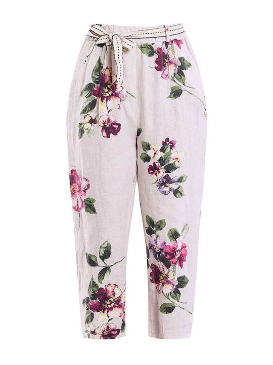 Celestino Pantaloni Dama Din In Floral Cu Curea Bej
