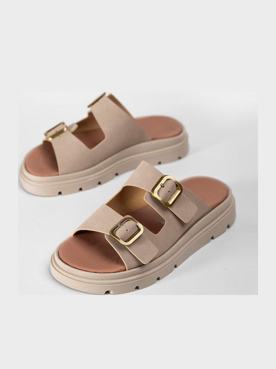 Leather Women's Flat Sandals Flatforms Brown