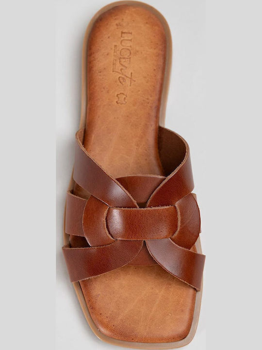 Leather Women's Flat Sandals Tabac Brown